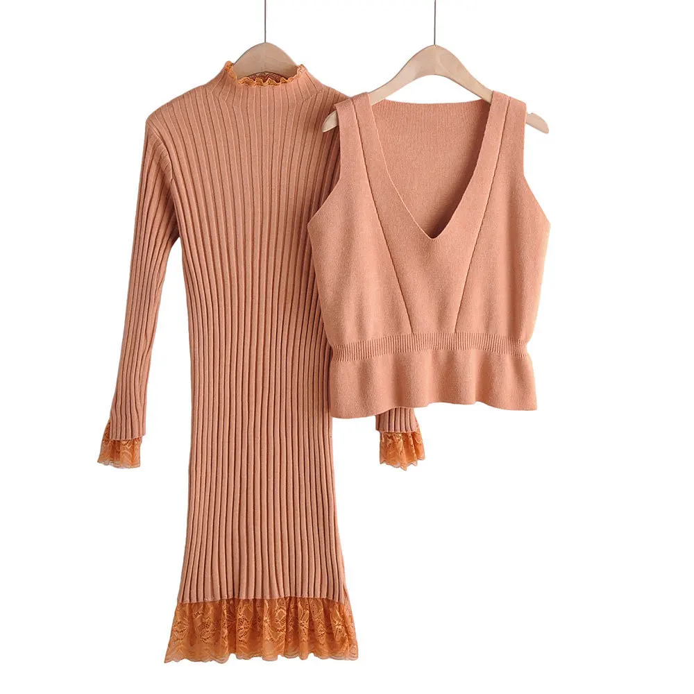 Женский комплект 2 шт. одежда для офиса свитер жилет + с длинными рукавами платьем