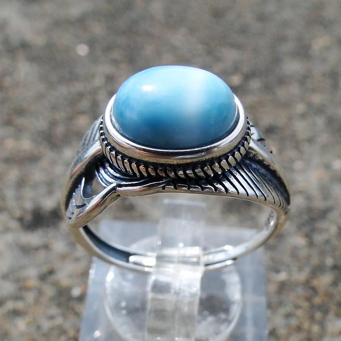 

Genuine Pear 8*10mm Natural Larimar Stone Fashion Women 925 Sliver Ring
