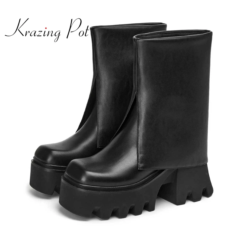 

krazing pot big size genuine leather square toe high heels platform European style mature young lady daily mid-calf boots L91