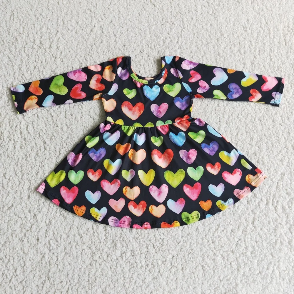 

RTS Children's Baby Girl Valentine Design Colorful Heart Print Long Sleeve Dresses Kids Boutique Twirl Dress Wholesale