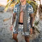 Мужской комплект из двух предметов, Летняя Повседневная рубашка с цветочным принтом и короткими рукавами, модный пляжный костюм в национальном стиле, 2021