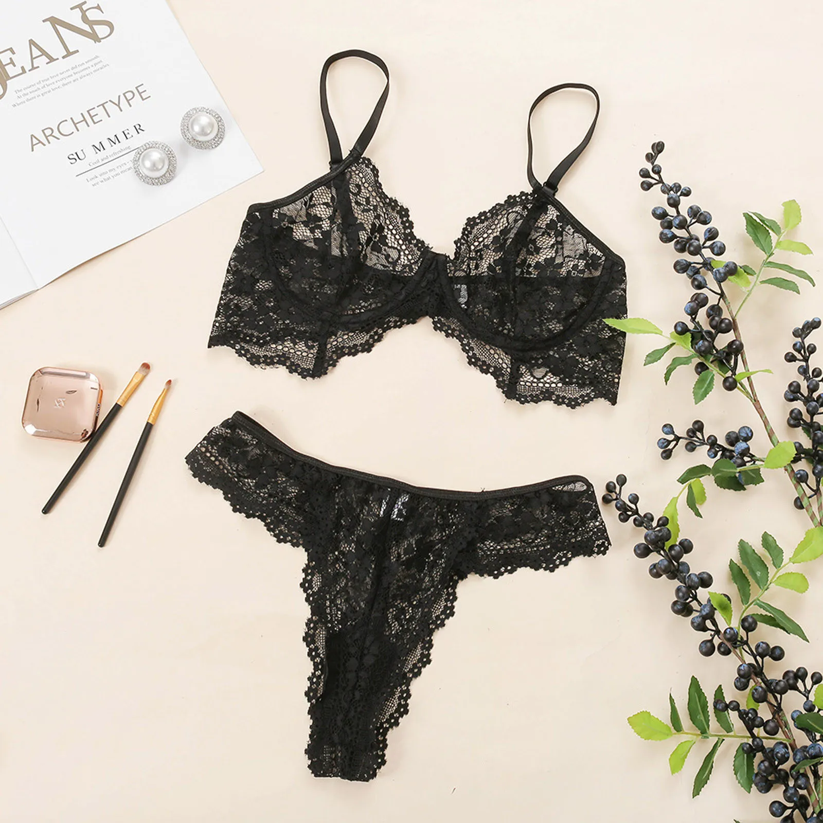 

Womail lingerie erotic lingerie Women Sexy Underwear Fashion Sexy Lace Bra Thong Two PCS Set Underwear Set Transparent lingerie