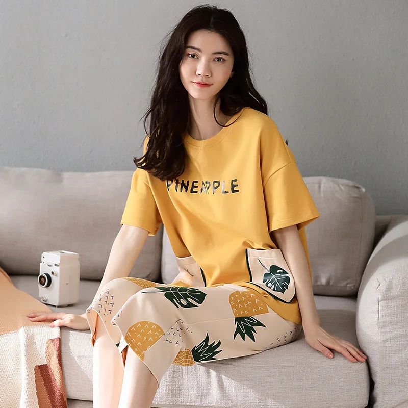 Простая Пижама женские пижамы Хлопковые пижамные комплекты с коротким рукавом