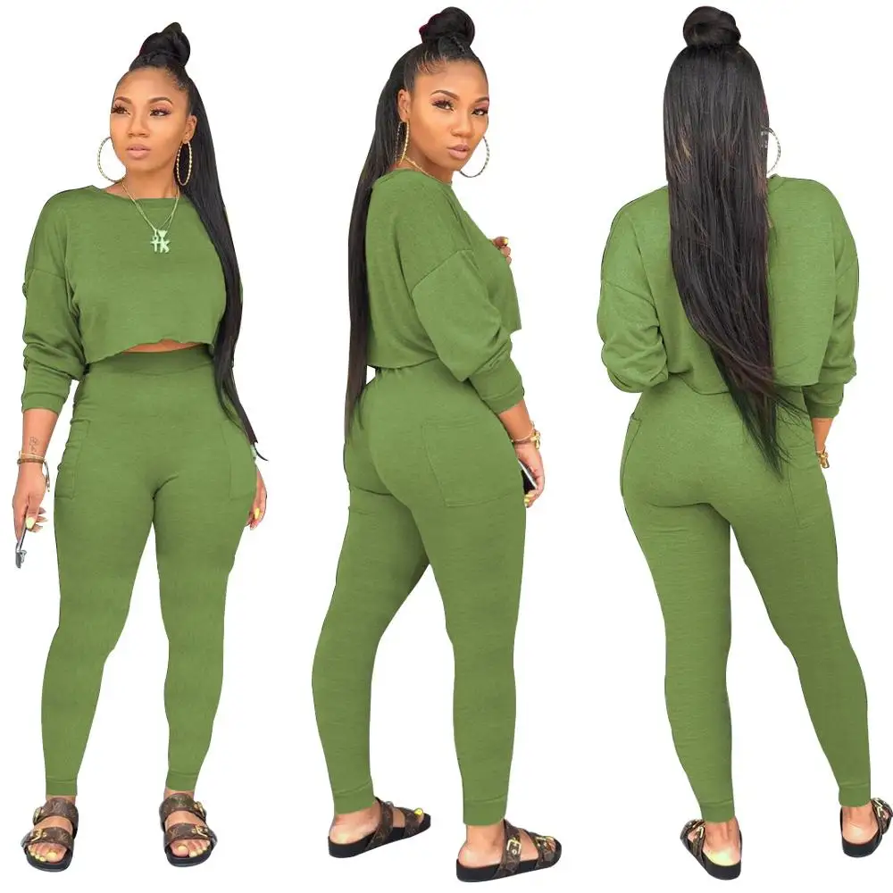 Hot sale solid casual 2 piece set women full sleeve crop top and long pants slim two sports outfit LWY6622 | Женская одежда
