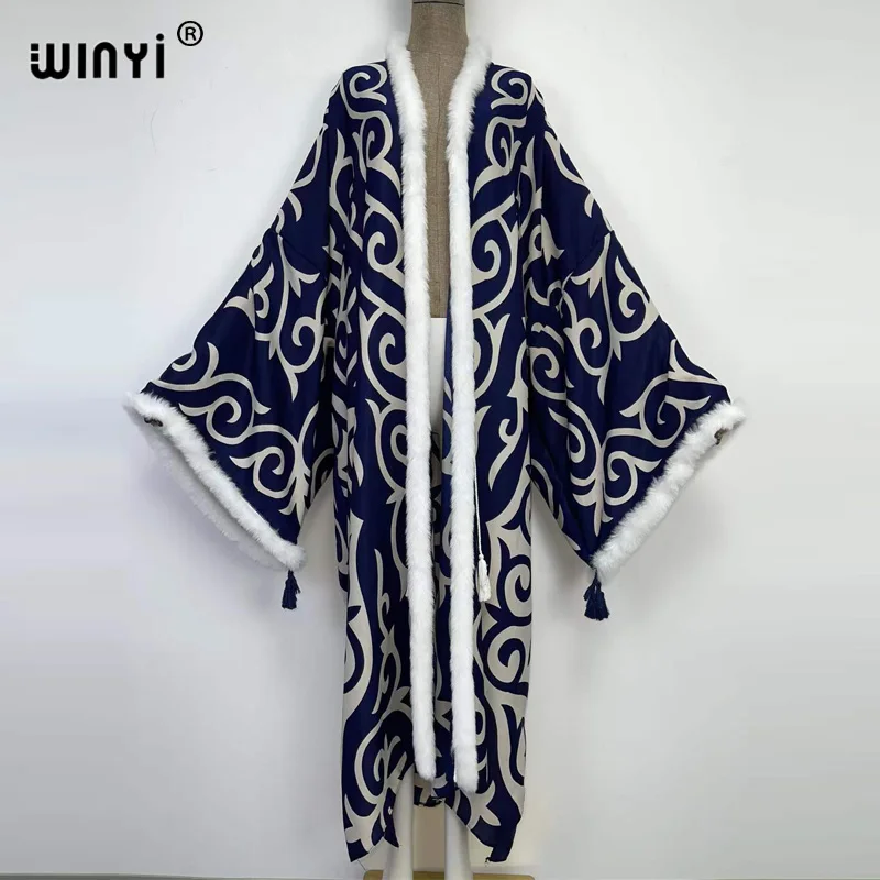 2022 WINYI Women Fashion eco-friendly man-made wool collar cardigan Loose Long Dress Party Boho Maxi beach Holiday kimono Robe