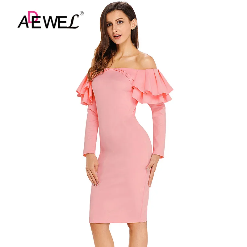 Женское облегающее платье ADEWEL черное до колена с оборками и открытыми плечами