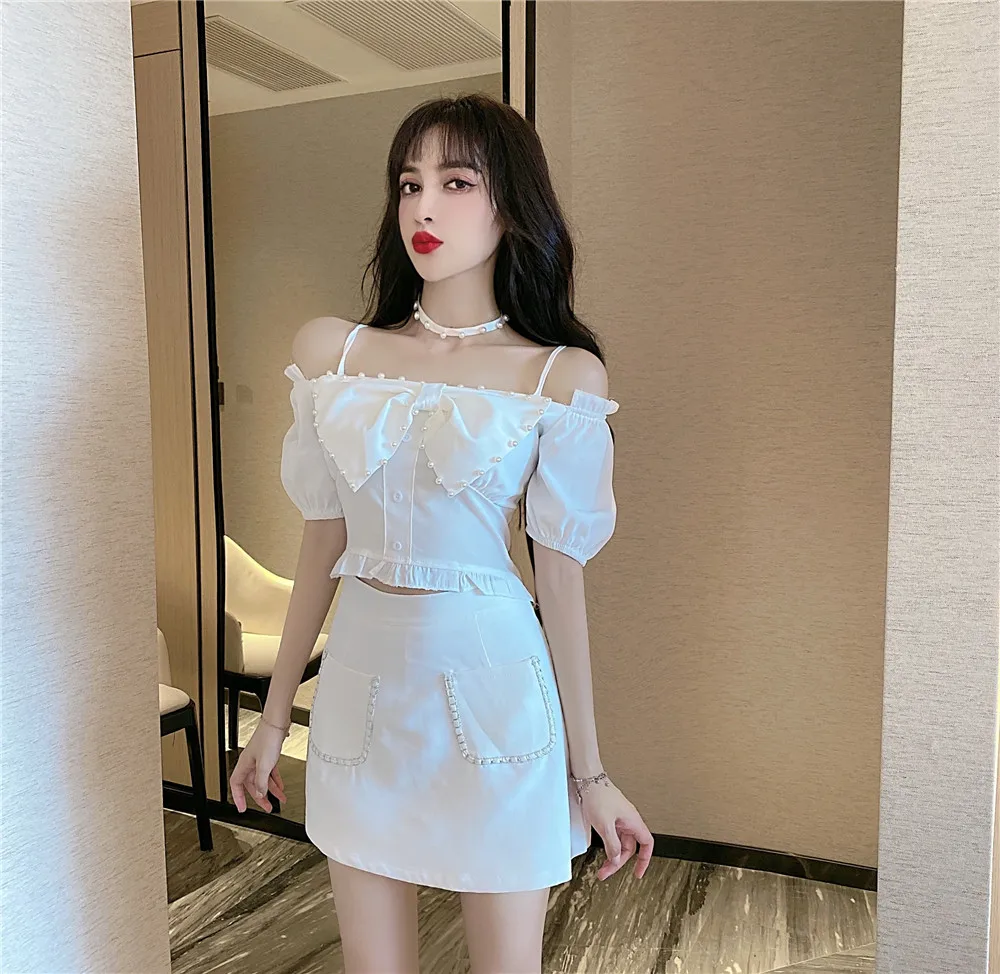 

Summer Fashion Sexy Slash Solid Color Neck Bow Knot Puff Sleeve Beading Top + Short High Waist Bodycon A Skirt Free Necklace