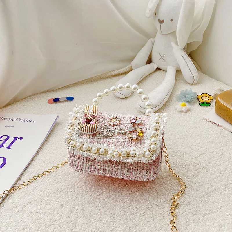 New Bow Children Pearl Crossbody Bag Rabbit Cute Baby Little Girl Mini Fashion Shoulder Chain Handbags For Kids