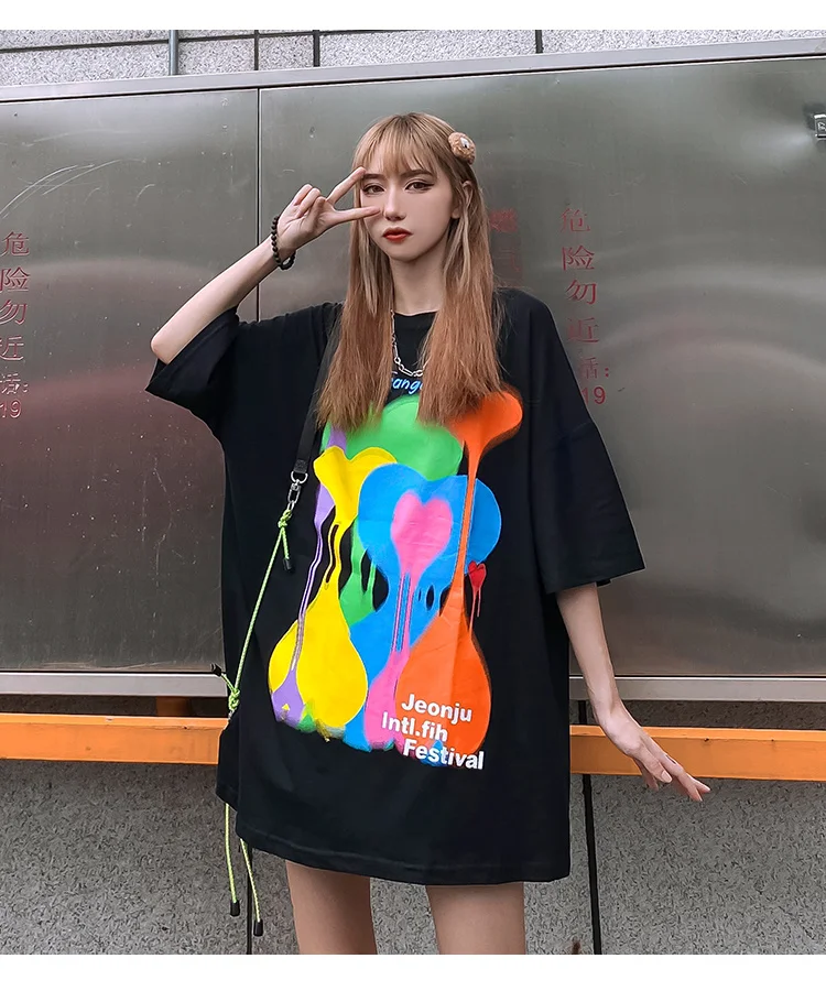 

Vefadisa Fashion Love Graffiti Women T-shirt 2021 Summer Print Couple T-shirt Oversize Men's And Women's Casual T-shirt QYF5801