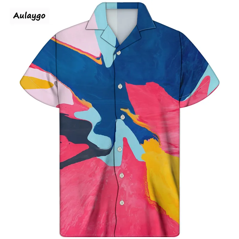 Man Cuban Shirt Stitching Pattern Streetwear Summer Cloth Short Sleeved Turn-down Collar 2020 Thin And Breathable Men's Shirts | Мужская