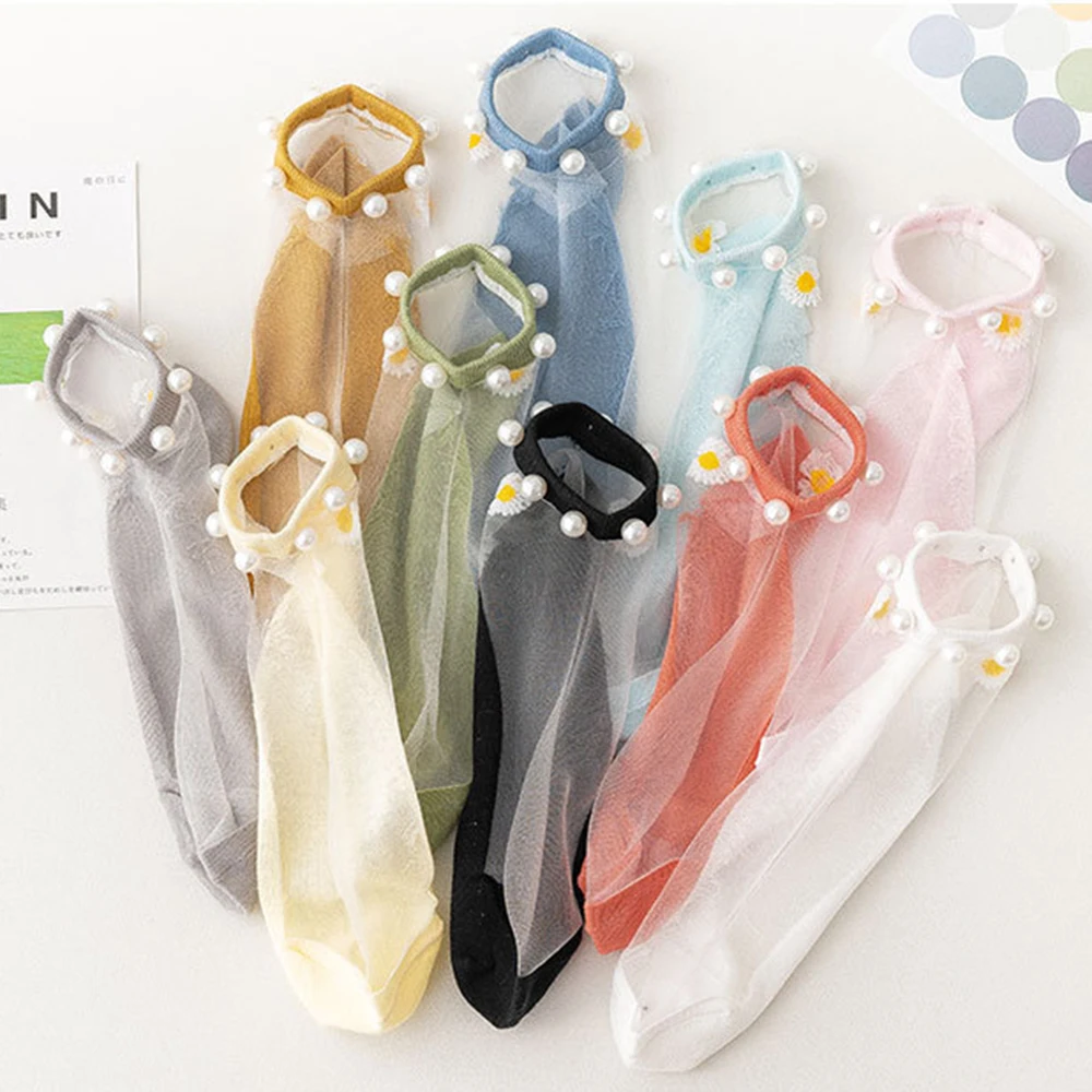 

1 Pairs Women Pearl Socks For Summer Ultra-thin Transparent Cass Glass Fiber Silk Socks Fashion Daisy Ankle Short Sexy Lace