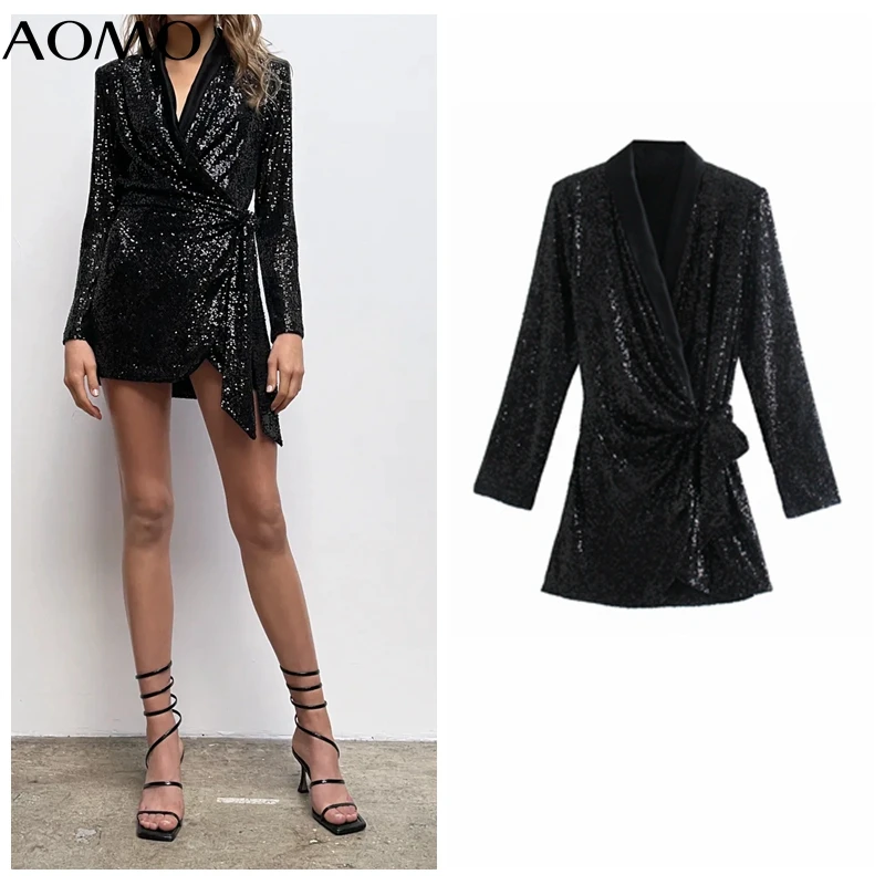 

AOMO Women Luxury Party Dress Sequined Blazer Dress Bow Long Sleeve Vintage Style Females Mini Dresses Vestidos AB43A