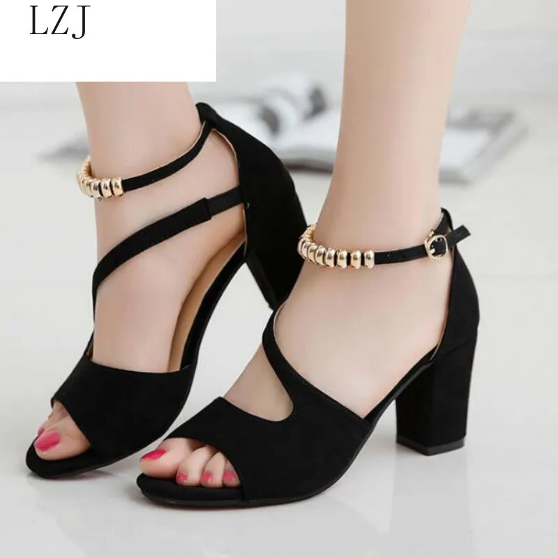 

Fashion Sexy Fish Mouth Hollow Roman Sandals Thick with Beaded High Heels Female Summer Sexy Female Sandals Sneakers for Woman