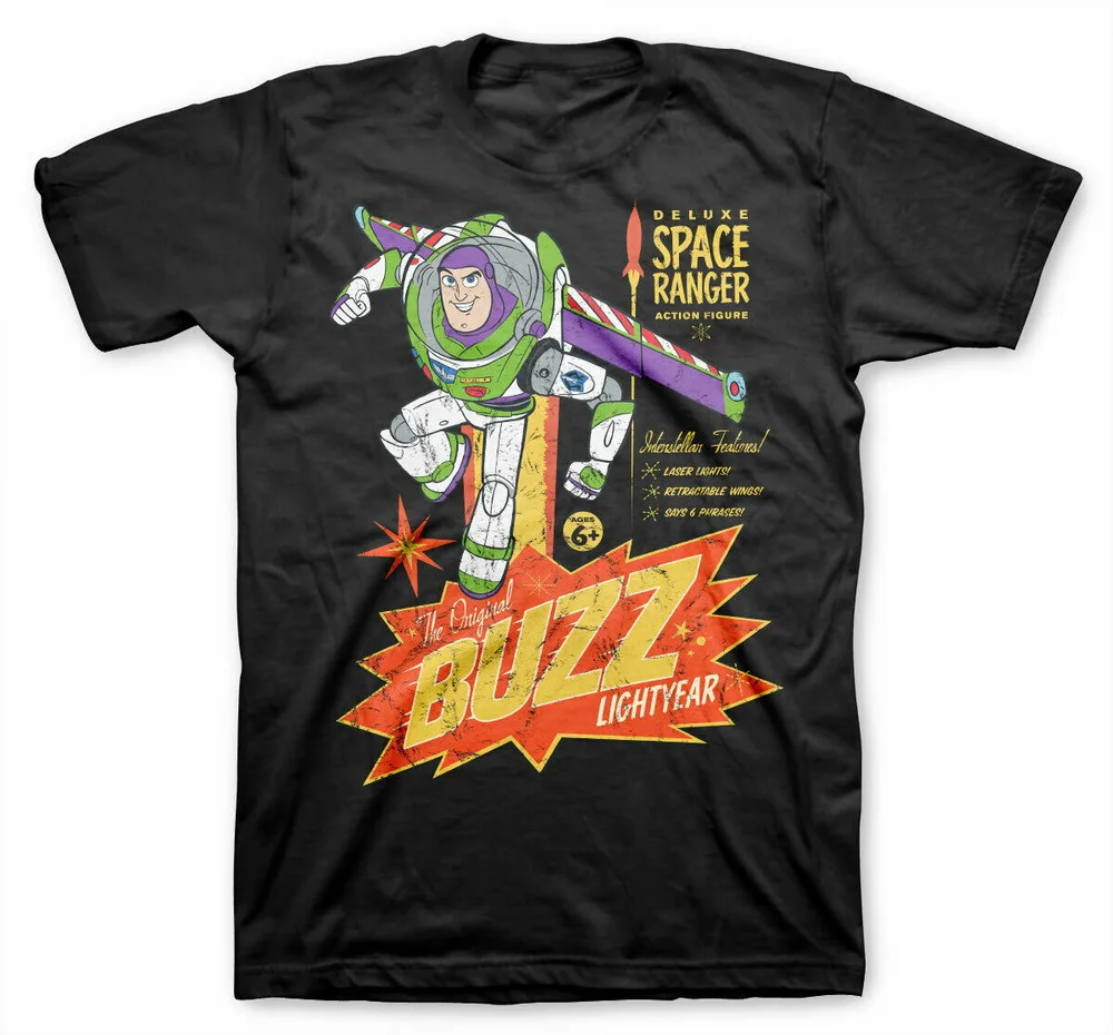 

OFFICIAL TOY STORY 4 BUZZ LIGHTYEAR DELUXE SPACE RANGER TOY POSTER BLACK T-SHIRT Tee Shirt Latest New Style