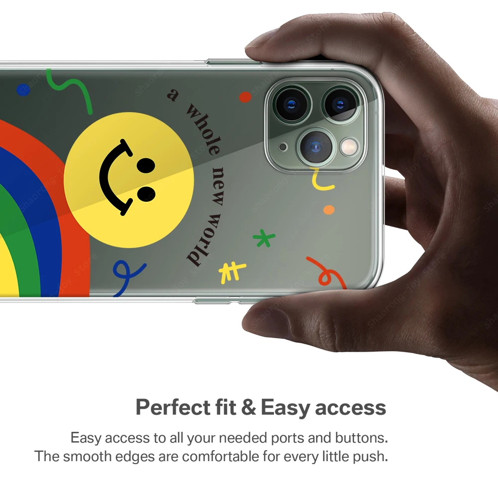 

Phone Case for iPhone 11 Pro Max 12 Mini X Xs XR SE 2020 SE2 8 7 6s Plus Cute Rainbow Letter Smile Face Transparent Clear Cover