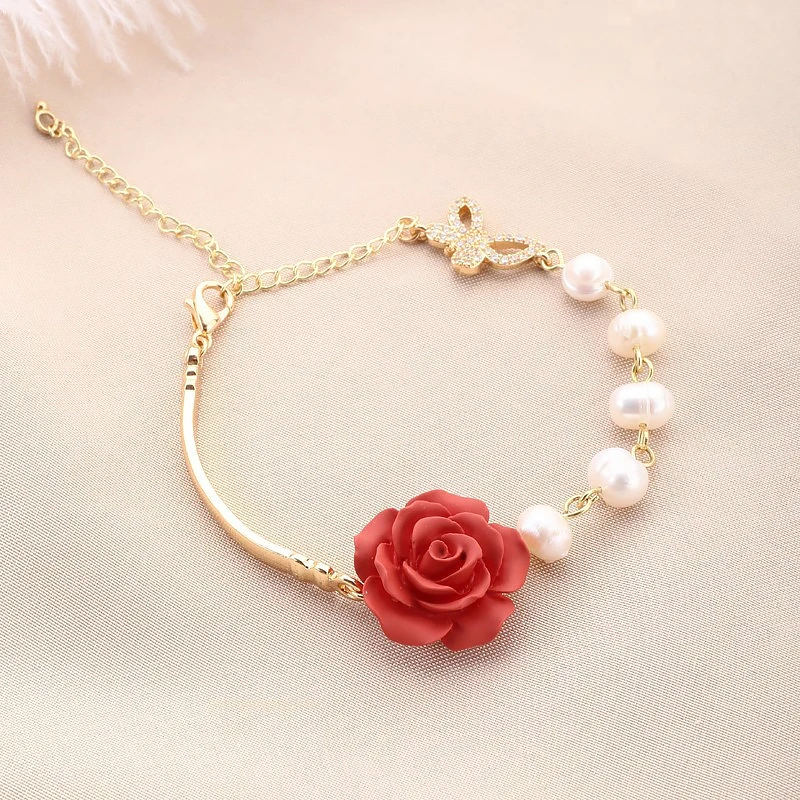 

Fashion [gold Plating] Pearl Butterfly Bracelet Girl 2020 New Style Simple Temperament Inlaid with Water Rhinestone Rose Bangle