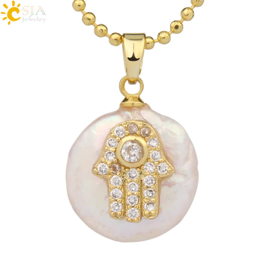 Necklace-G CSJA монета пресноводный жемчуг подвески маленький размер сглаза Хамса Фатима рука Циркон золотого цвета ожерелье чокер для женщин девочек G205 - Окраска металла: Necklace-G