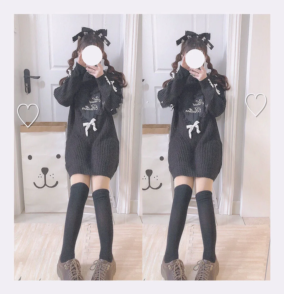 Lolita Cute Girl's Cashmere Long Sweater Japanese Warm Knit Pullover Dress Kawaii Heart Lace Patchwork Women Black Pink Jumper | Женская
