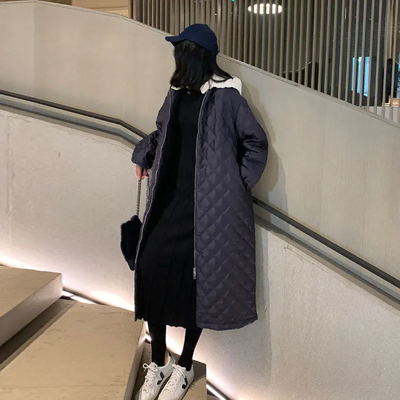 

Bella Philosophy Winter Long Straight Coat Rhombus Pattern Casual Loose Women Parkas Pockets Argyle Long Plaid Bubble Jacket