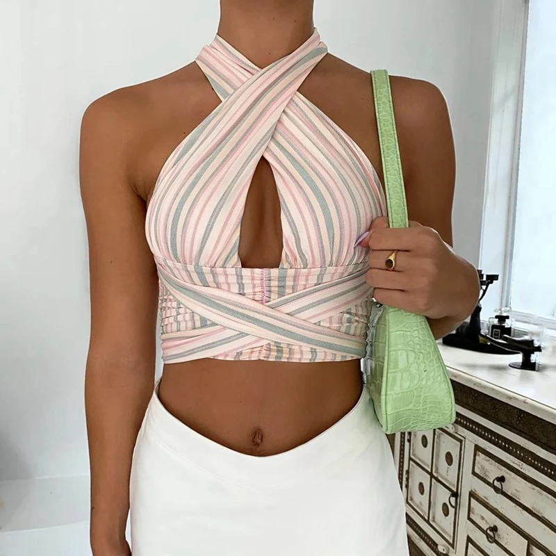 

Y2K Striped Print Halter Cropped Top Sexy Backless Bandage Women Camis Beach Style V-neck Mini Vest Corset Summer Clothes