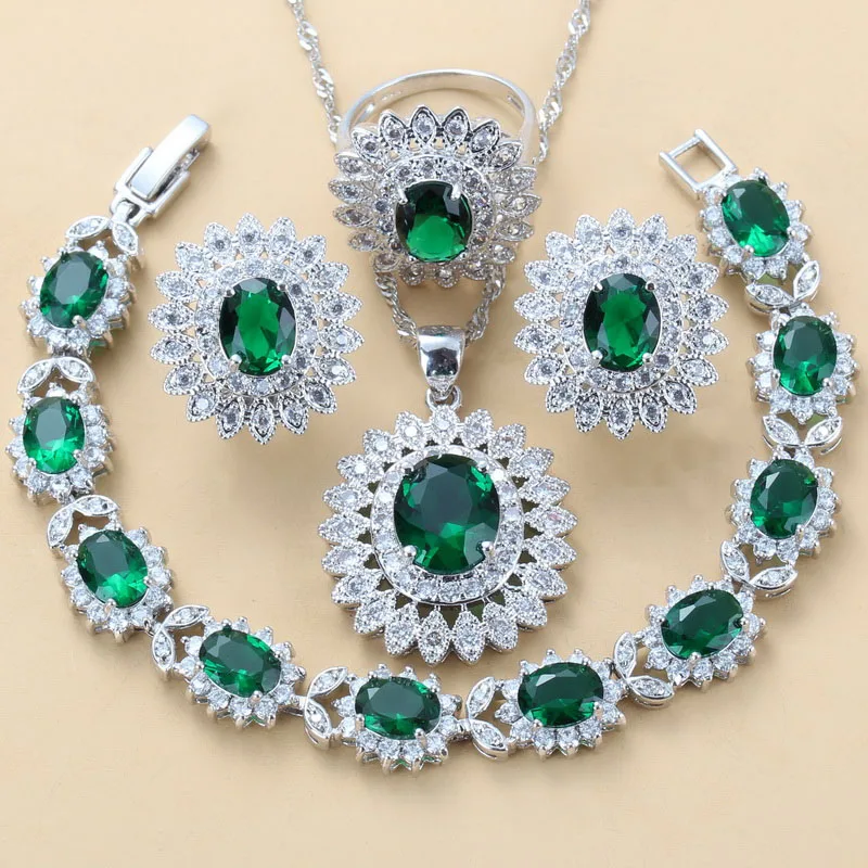 Conjunto de joyería de lujo para novia, set de collar y anillo con circonita cúbica verde, girasol, estilo Dubai, 925