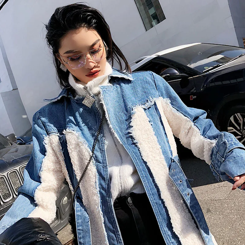 TWOTWINSTYLE Hit Color Patchwork Denim Tassel Trench Coats For Women Lapel Collar High Waist Sashes Windbreakers Autumn New