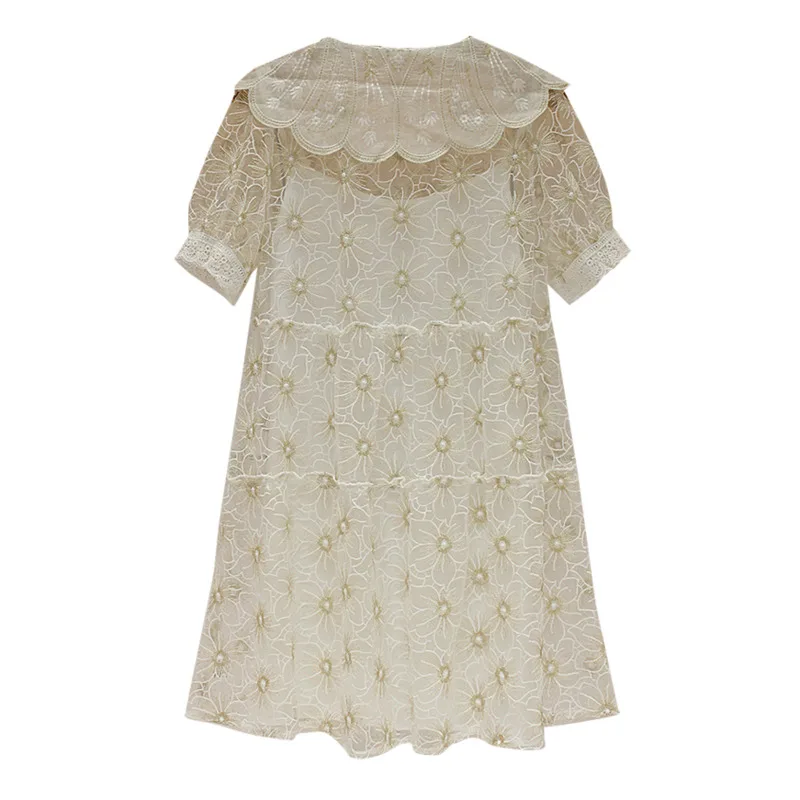 

DEAT Women Apricot Embroidery Single Breasted Dress New Peter Pan Collar Princess Sleeves Loose Fashion Tide Summer 2021 7E766