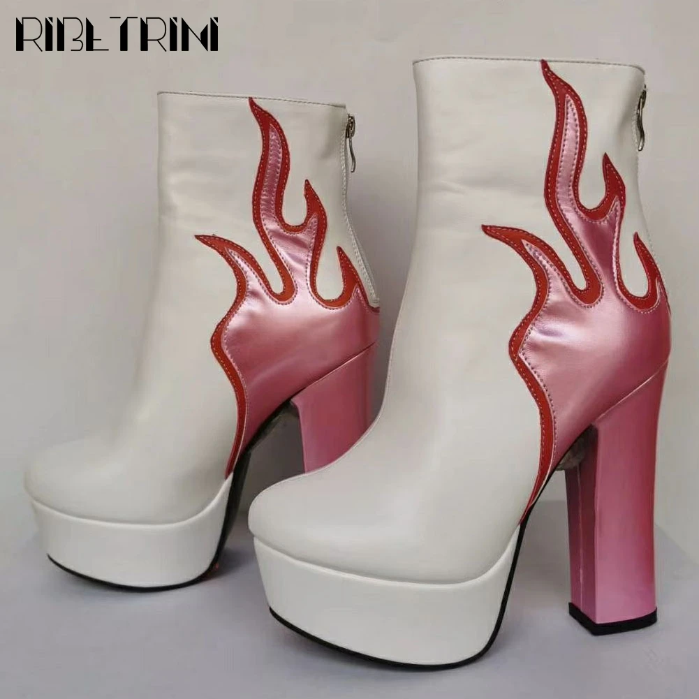 

RIBETRINI Fashion High Heels Shoes Hot Sale Party Patchwork Ankle Women Boots Cool Dress Platform Boots