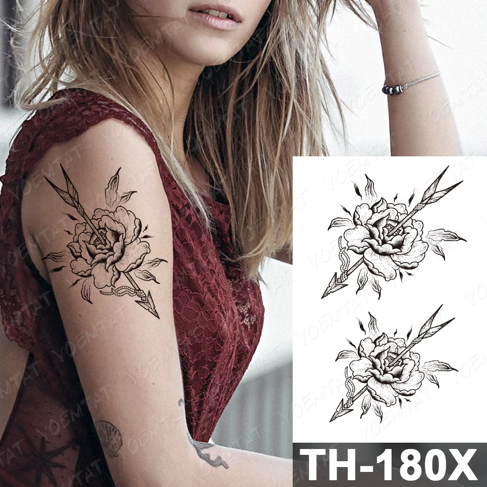 

Lines Roses Snake Flowers Temporary Tattoo Sticker For Men Women Adult Peony Waterproof Fake Henna Body Art Tattoo Decal