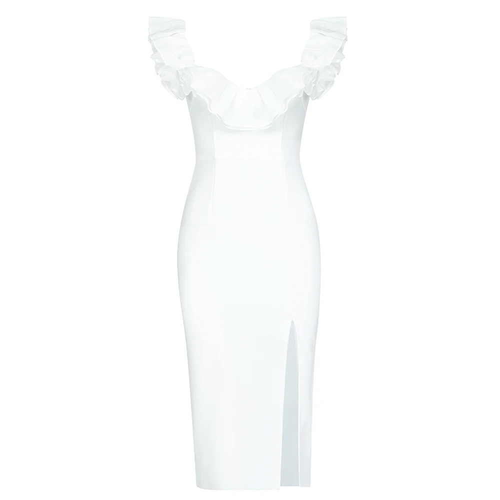 

Women Bandage Bodycon Dress Women V-Neck Ruffles White Elegant Dress Sleeveless Evening Club Sexy Party Dress