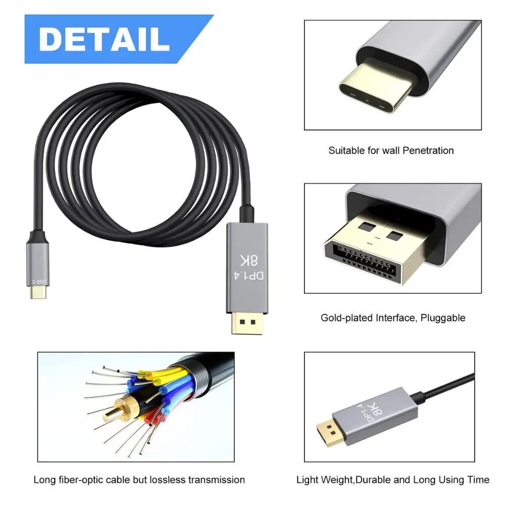 8K USB C к DisplayPort 1 4 кабель 4K @ 144Hz 3 Type Thunderbolt DP для MacBook 2017 Galaxy S9 Huawei P20|Кабели VGA| |