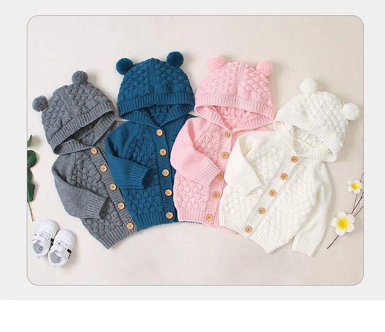 

2021 New Baby Boys Girls Autumn Winter Coat Clothes Children's Solid-Color Sweater Wool Ball And Cap Knitted Jacket
