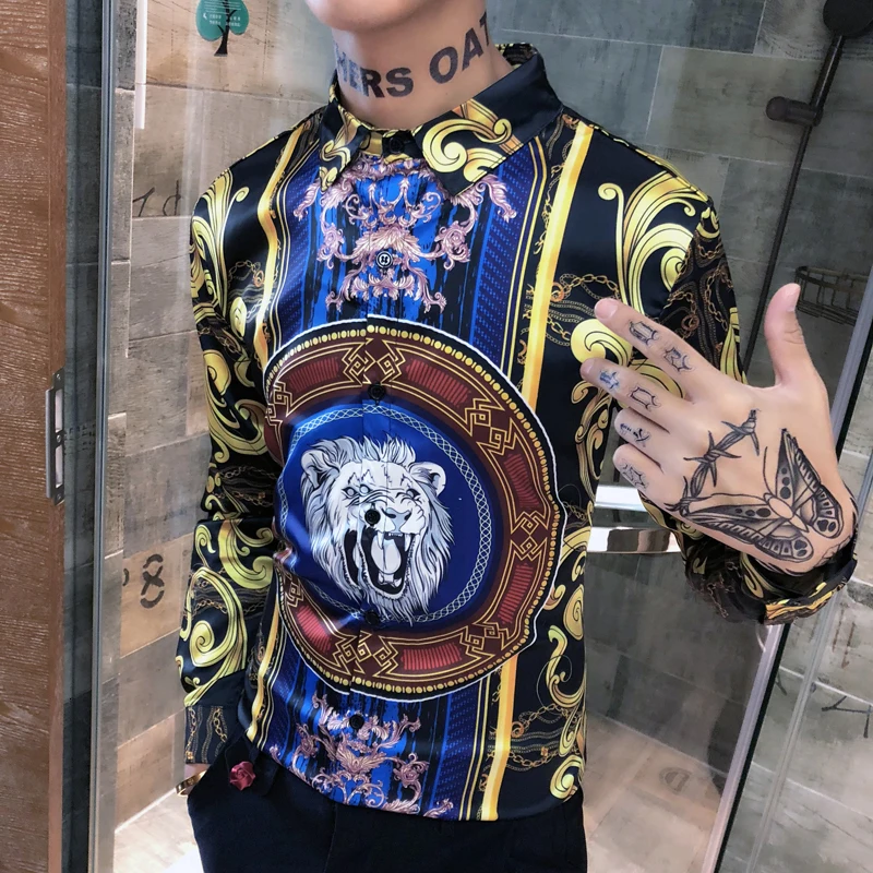 Роскошные мужские рубашки в Корейском стиле модная одежда Клубные с принтом льва