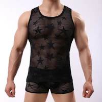 men vest mesh nightclothes solid color five pointed star hollow out sheer top men undershirt for home