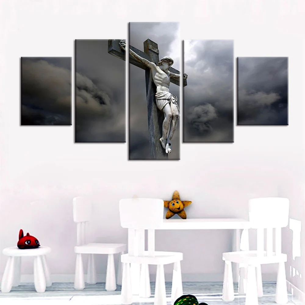 

HD Printed Canvas 5 Panels Christian God Jesus Statue Cross Painting Home Decor Posters Wall Art Pictures Living Room