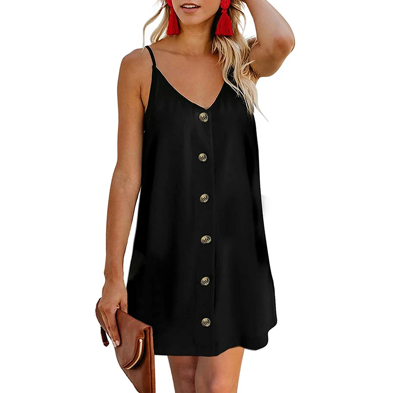 

Summer Single Row Buckle Women Sleeveless Dress Sexy Loose Beach Solid Color Short Dresses