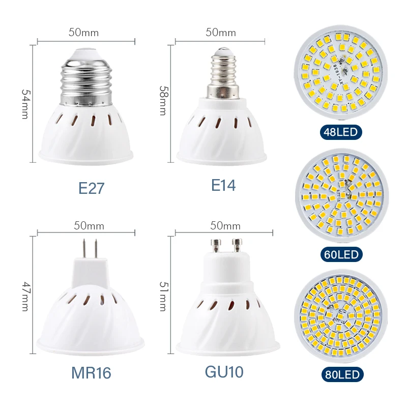 10 шт./лот E27 E14 лампада LED прожектор GU10 MR16 Bombillas светодиодные лампы AC 220V 110V 48 60 80