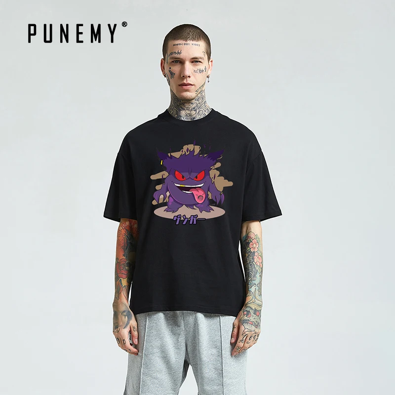 Мужская футболка Покемон генгар Японский узор уличная одежда из чистого хлопка