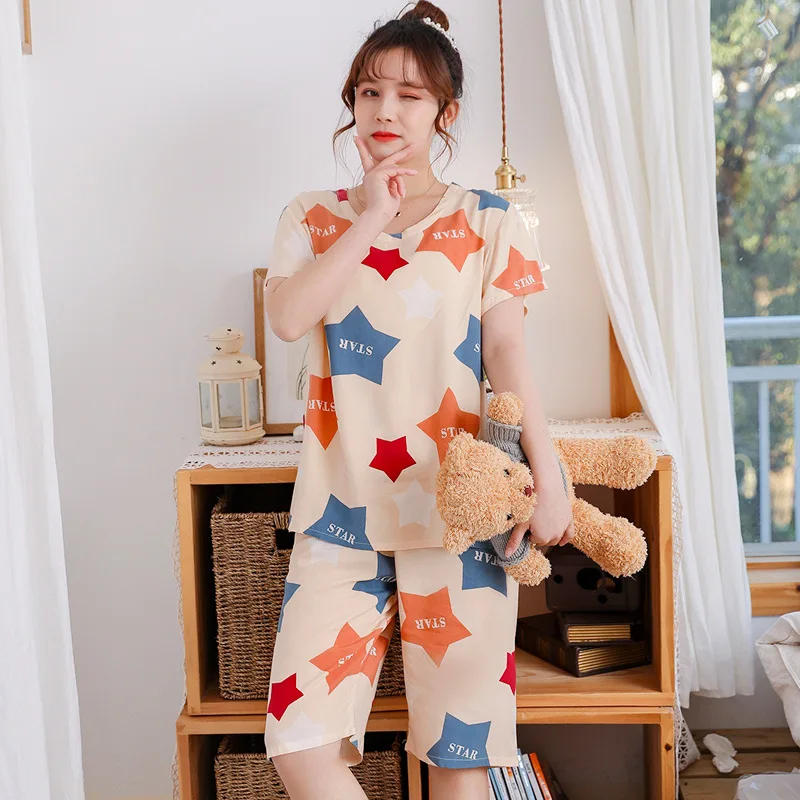 

Couple Pajamas Set Women Summer Short Sleeve Pijamas Suit Sleepwear Casual Loose Nightwear Sleep Set Printed Cartoon Home Wear