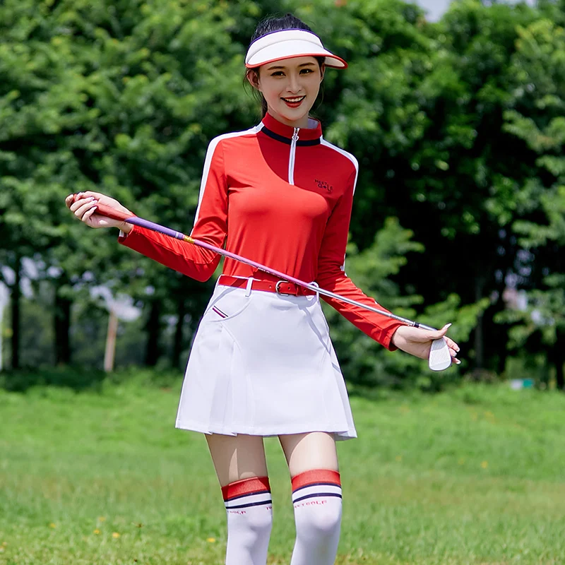 MG Autumn Spring Lady Golf Dress Set Slim Fit Long Sleeve T-shirt Red Top Sports Pleated White Skirt Set Wear Shirt for Women