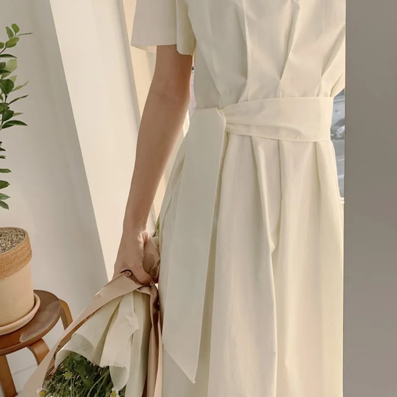 

Long Dress Elegant Fashion Sweet Women French Style Summer Casual Solid Loose Slim Ankle Length Short Sleeve Sashes Vestidos