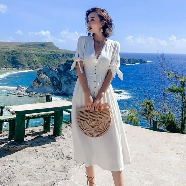 Винтажное женское летнее платье на пуговицах 2020 сексуальное богемное пляжное