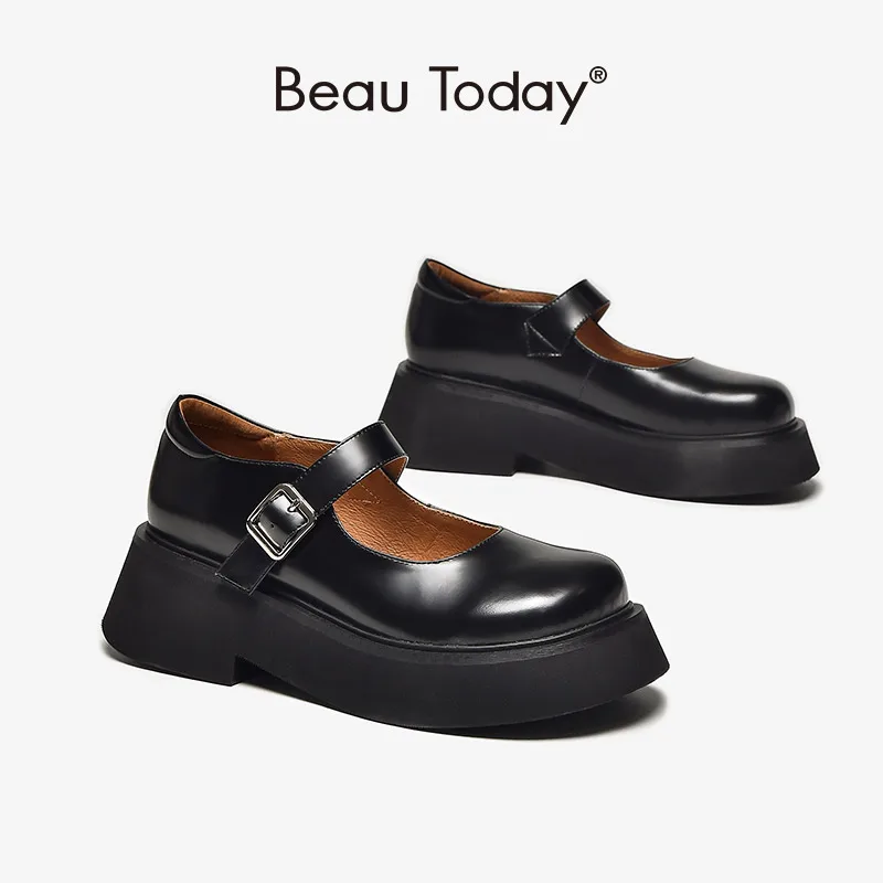 

BeauToday Lolita Shoes Platform Women Cow Leather Mary Janes Round Toe Buckle Strap Ladies Daily Flat Shoes Handmade 28433