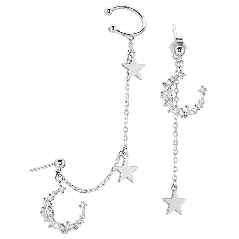 

Kinel Authentic 925 Sterling Silver Moon & Star Dangle Earrings for Women Clear Cubic Zircon Asymmetry Earrings Wedding Jewelry