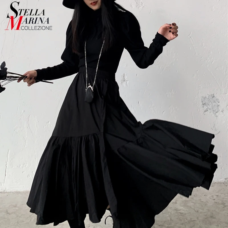 Новинка 2019 Женская однотонная черная Осенняя модная длинная юбка с эластичной