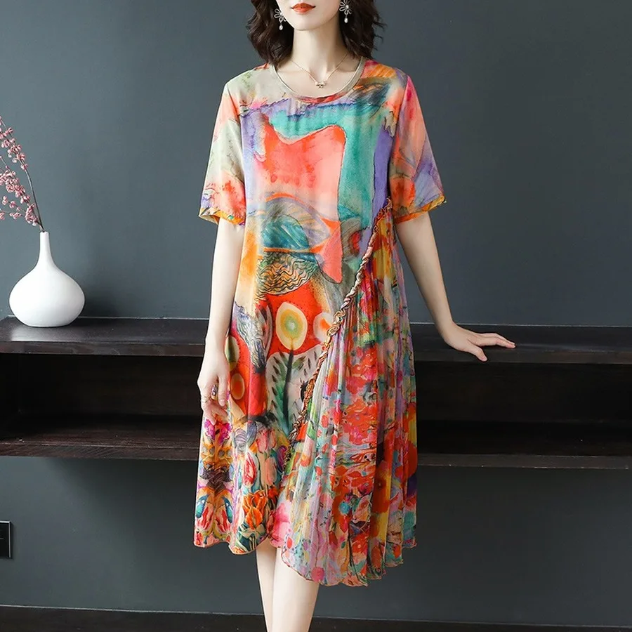 

2021 Summer High Quality Mulberry Silk Beach Dresses Vintage 4XL Plus Size Print Runway Midi Dress Classy Women Bodycon Vestidos