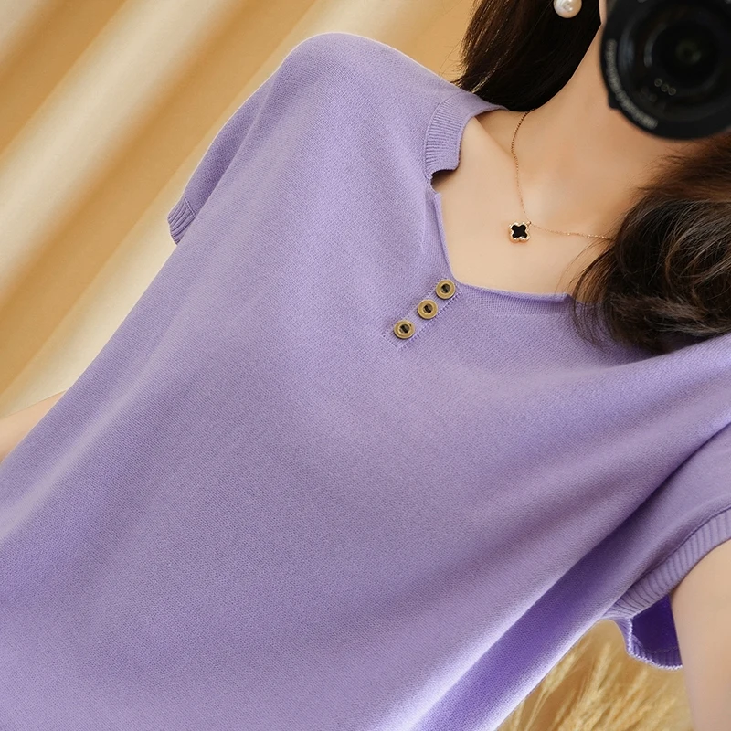 

YuHanRong 100% cotton short sleeve knitted women's T-shirt V-neck sleeve loose cotton knit top
