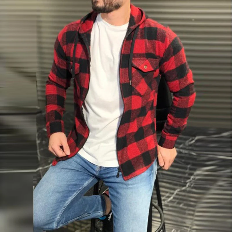

Mens Fashion Plaid Print Hoodies Jacket Spring Autumn Long-Sleeve Zip-up Cardigan Coats Men 2022 Casual Harajuku Tops Outerwear