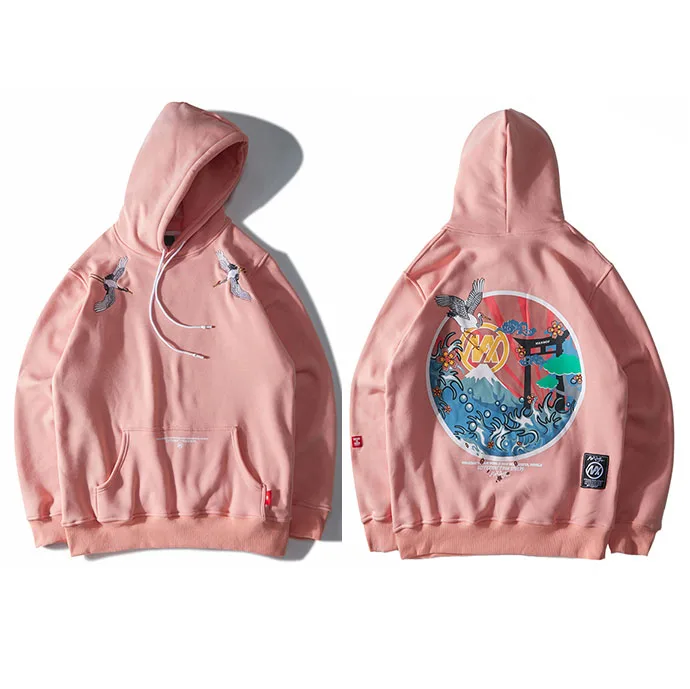 A61B0382 Pink Харадзюку японский вышитый журавли флисовая бархатная Толстовка уличная Мужская хип хоп пуловер толстовки зимняя Толстовка - Цвет: A61B0382 Pink