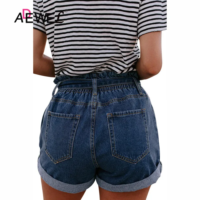 ADEWEL Women Casual Loose Ladies Fashion Roll Up Hem Elastic Waist Pocket Blue White Jeans Female Summer High Denim Shorts | Женская